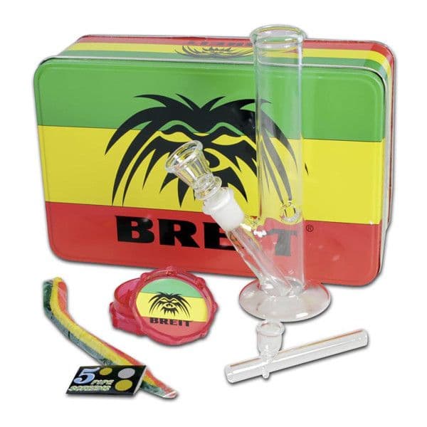 BREIT Mini Bong set with Grinder + Shotgun pipe - Kompletní rasta kouření kit v kovové krabici – bong, dýmka, grinder, čističe. Skvělý dárek!